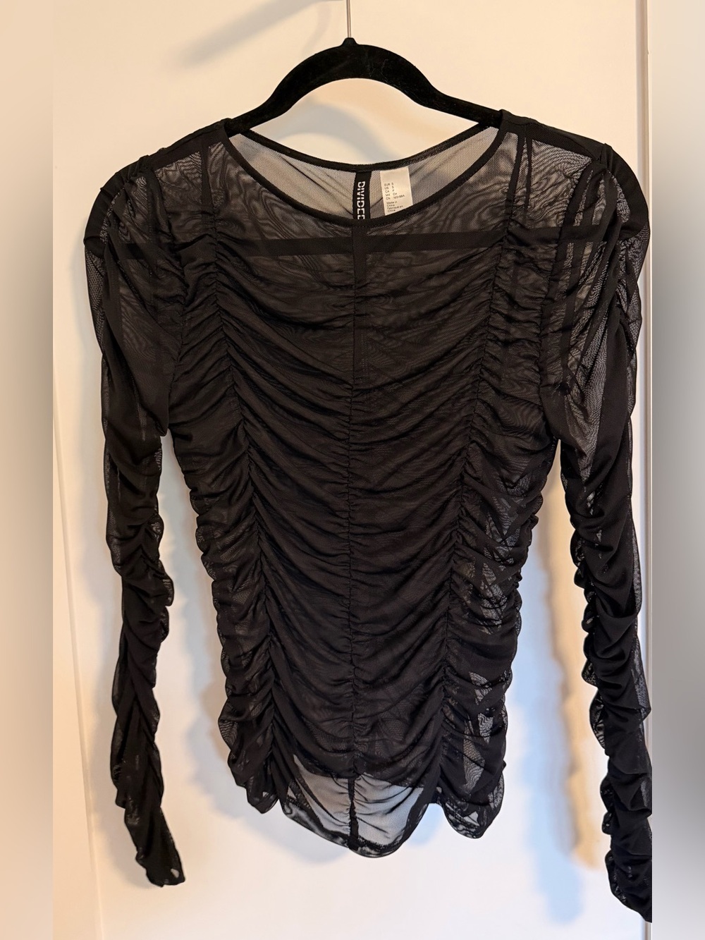 H&M Black Ruched Mesh Long Sleeve Top
